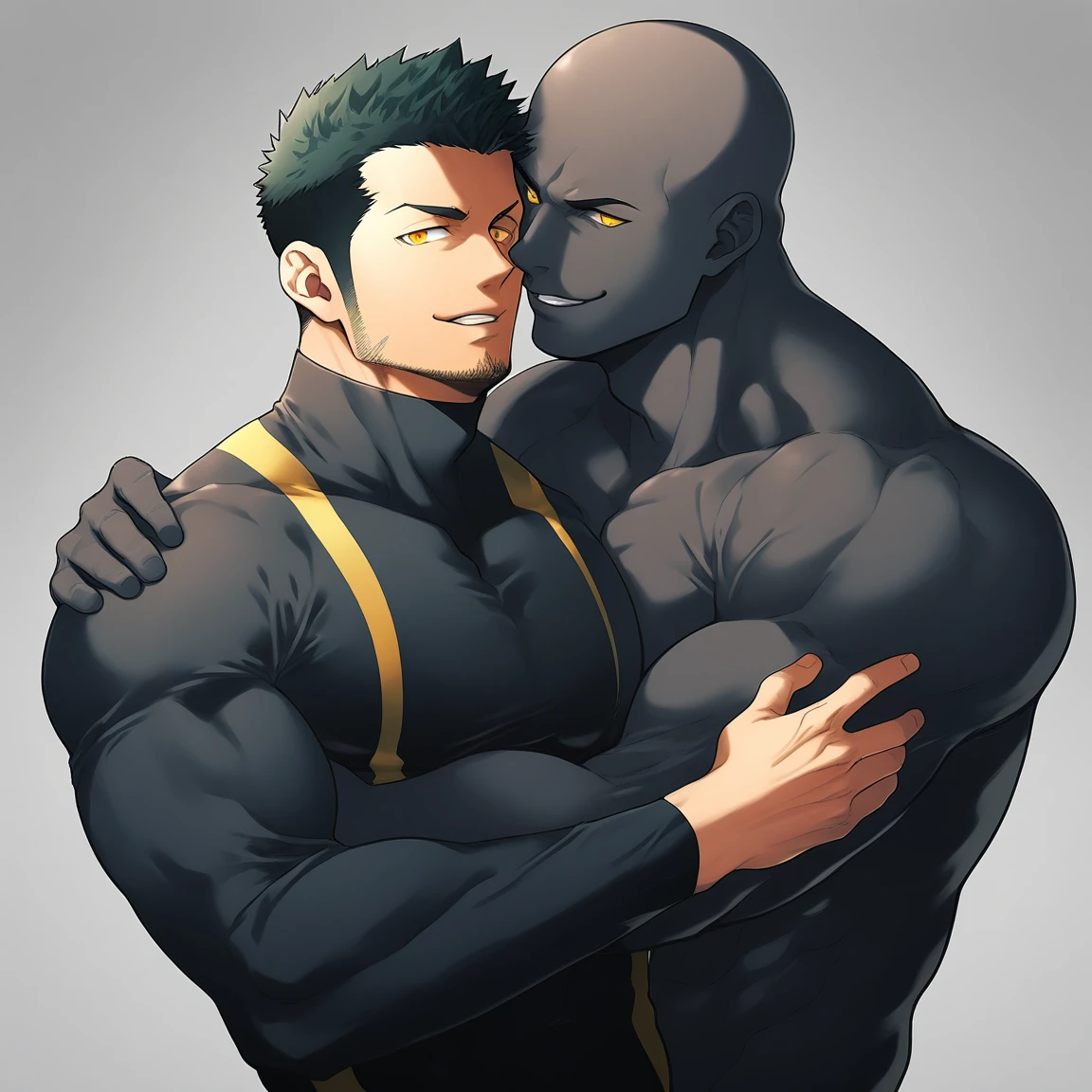 anime characters:Two superheroes in tights, Priapus and Muscle skinhead superhero, negro black skin, They hugged and kissed each other, Bite your neck, Caress, Manliness, male focus, Yellow and black high collar long sleeve tight T-shirt, Slightly transparent material, Very tight, Round, full and perky chest muscles, Muscle waist, Slightly transparent, muscular male, muscular, only, Upper body, alone, Black short hair, Thick eyebrows, stubble, Yellow eyes, Grey background, simple background, amazing quality, best aesthetics, Ridiculous, bright pupils, crew cut, parted lips, seductive smile, torogao, naughty face, drop shadow, best quality