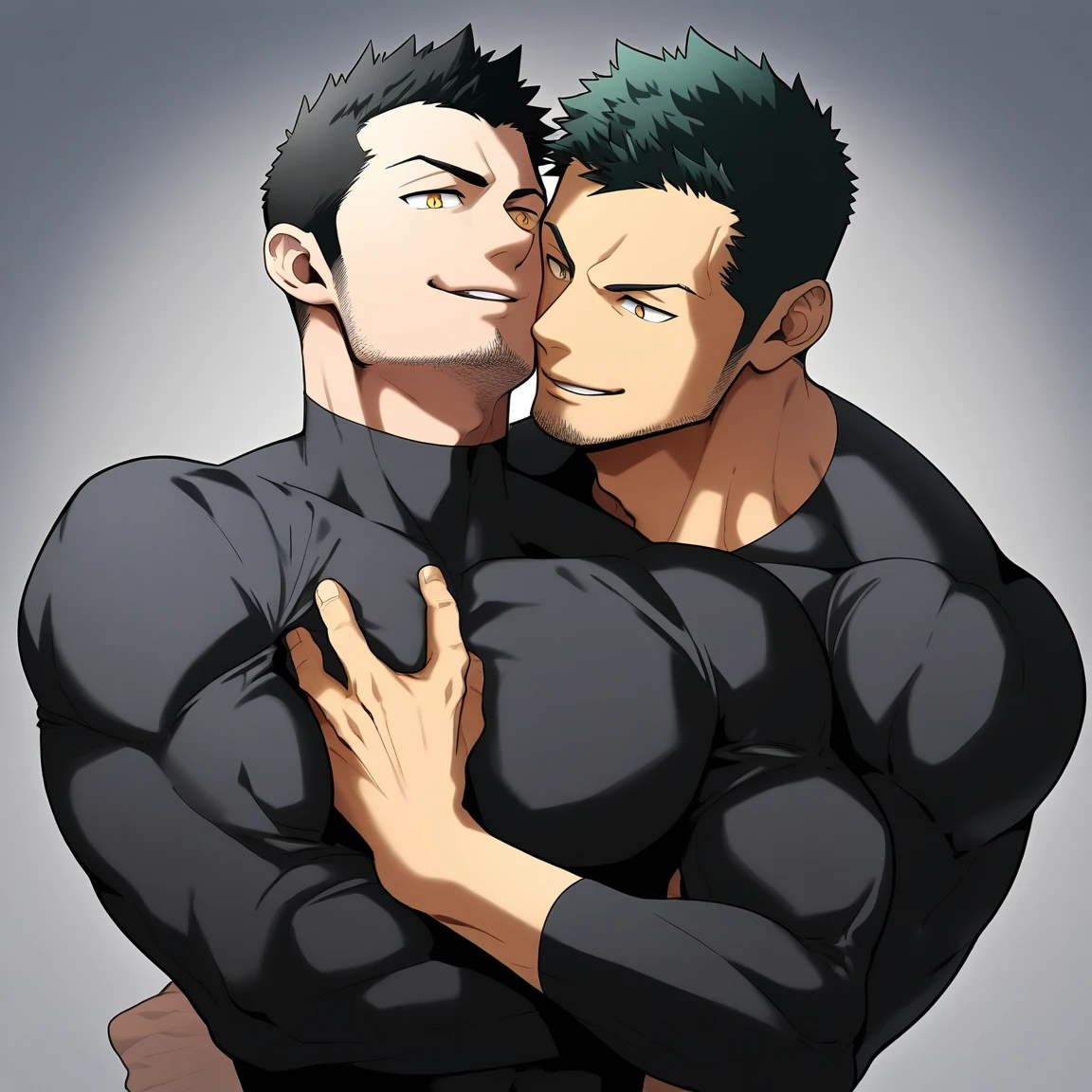 anime characters:Two superheroes in tights, Priapus and Muscle skinhead superhero, negro black skin, They hugged and kissed each other, Bite your neck, Caress, Manliness, male focus, Yellow and black high collar long sleeve tight T-shirt, Slightly transparent material, Very tight, Round, full and perky chest muscles, Muscle waist, Slightly transparent, muscular male, muscular, only, Upper body, alone, Black short hair, Thick eyebrows, stubble, Yellow eyes, Grey background, simple background, amazing quality, best aesthetics, Ridiculous, bright pupils, crew cut, parted lips, seductive smile, torogao, naughty face, drop shadow, best quality