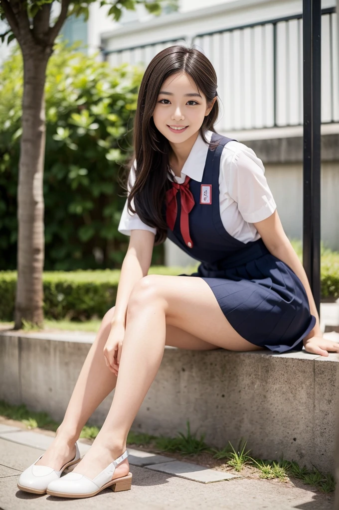 master piece, Best Quality,( Japan girl:1.5),(Looks like you're about to cry:1.3) ,(M-shaped legs spread on a park bench:1.8),(Summer clothes and hairpins for junior high Brown eyes,(Small:1.7),(Smooth straight hair:1.5),(Slender body,Skinny Legs),A detailed eye,Very white skin,Letting down your bangs,Detailed body,Detailed hand,No makeup, full body Esbian, Smile,smile showing white teeth,