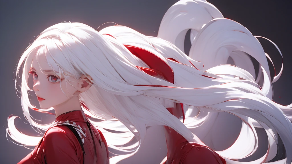 1 Girl, medium light white hair, light white eyes, wearing Red Suit 4D , night TOWN 18+, high res, ultrasharp, 8K, masterpiece, looking from behind