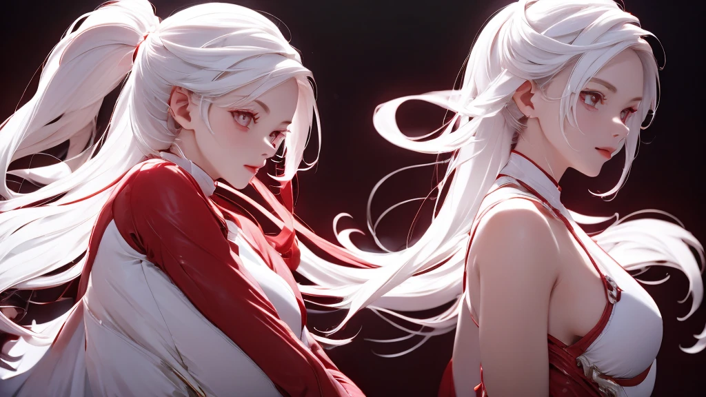 1 Girl, medium light white hair, light white eyes, wearing Red Suit 4D , night TOWN 18+, high res, ultrasharp, 8K, masterpiece, looking from behind