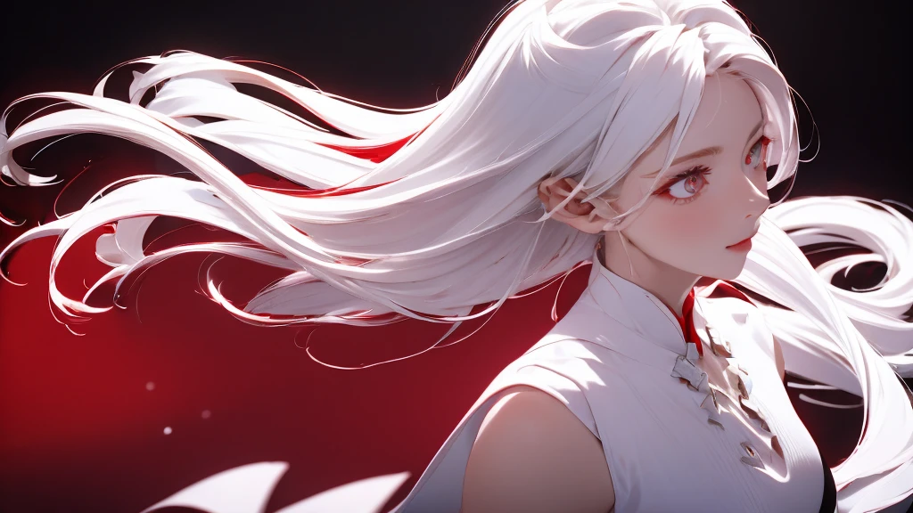 1 Girl, medium light white hair, light white eyes, wearing Red Suit 4D , night TOWN 18+, high res, ultrasharp, 8K, masterpiece, looking from behind