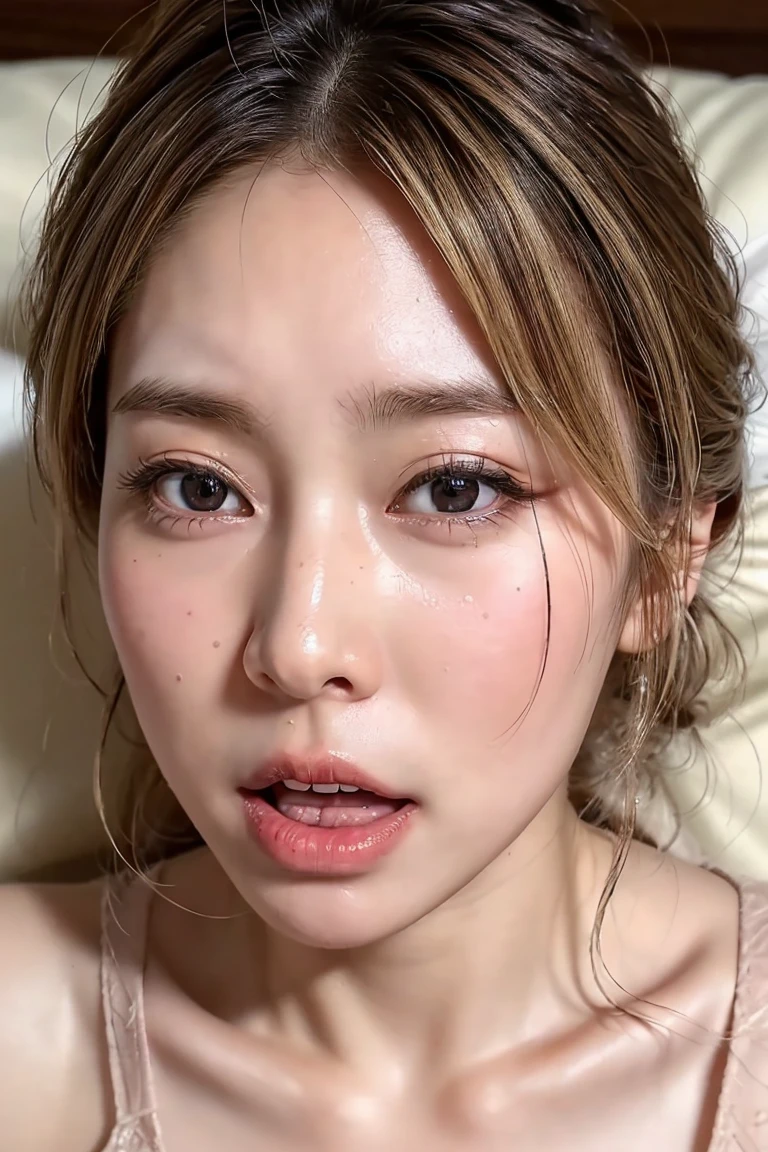 (Realistic:1.3、Ultra HD、Ultra-high resolution、8K、Female Japanese Housewife、寝室でBlowjobチオをするMature Woman:1.5、At the bed)、((Look Viewer:1.8))、(Extremely realistic skin texture:1.4)、(Realistic:1.3)、short hair、((Embarrassed expression:1.5))、(blonde:1.5)、48-year-old woman、Mature Woman、Ponytail Hairstyles、(Brown eyes:1.3)、(Face close-up:1.38)、(Sweaty:1.2)、(Nipplesを見せる)、((衣服から突き出たNipples,))、dress、美しいNipples、Nipples、(Shooting from the side:1.1)、Drooling、((Blowjobチオ:1.6、Blowjob、Cum in mouth、Bukkake))