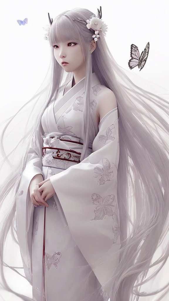 Beautiful demon illustration。For long flowing hair、Decorated with elegant floral accessories including striking white flowers、The clothing is traditional, reminiscent of historical styles in East Asia.、Characterized by layers and a belt-like obi。With soft ambient lighting、Emphasise a calm and quiet atmosphere、Add a butterfly element to symbolize change and beauty。