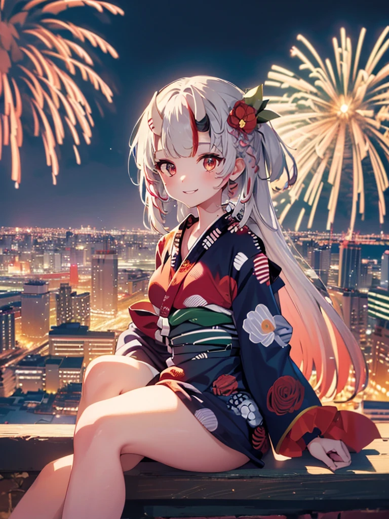 (masterpiece, Highest quality, Super detailed),One girl,((super fine illustration)),((cute eyes,highly detailed skin)),((smile)),((well endowed,Blessed,Captivating body、Detailed Background))、(yukata:1.5),firework,(大量のfirework,Night view,Ocean)、Festivals, (full body)