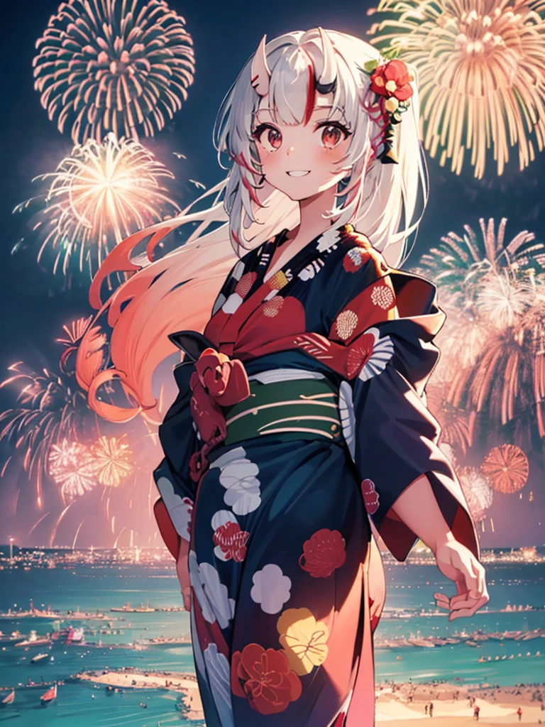 (masterpiece, Highest quality, Super detailed),One girl,((super fine illustration)),((cute eyes,highly detailed skin)),((smile)),((well endowed,Blessed,Captivating body、Detailed Background))、(yukata:1.5),firework,(大量のfirework,Night view,Ocean)、Festivals, (full body)