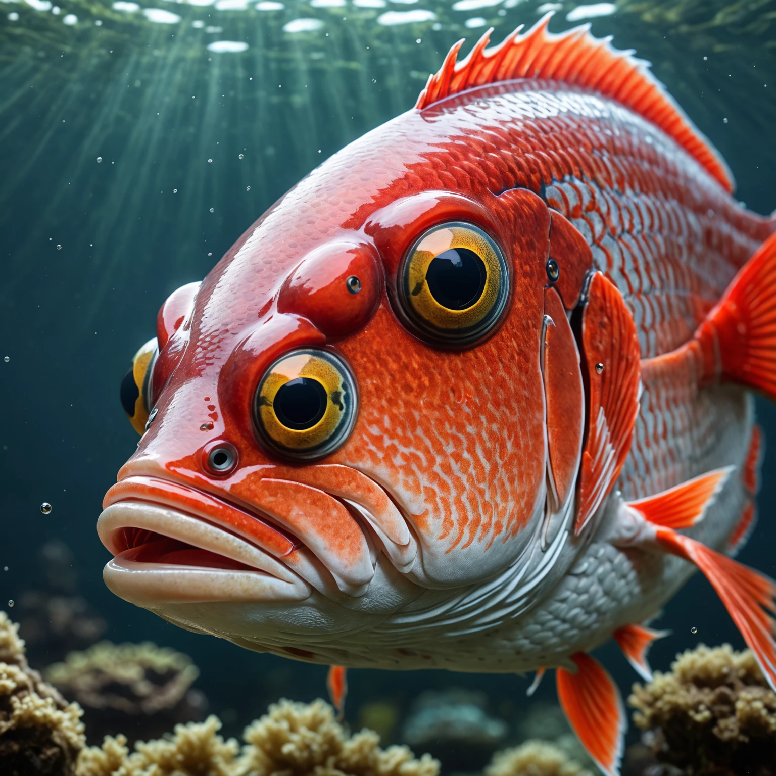 Panorama,河里有一种Mysterious Creatures:Red fish body,Fish head looks like a human face,Mysterious Creatures, shrike, (best quality,4K,8K,High level,masterpiece:1.2),Ultra Detailed,(lifelike,Photo real,Photo real:1.37),Highly detailed animals,Complex patterns,Realistic lighting,Fantasy Creatures