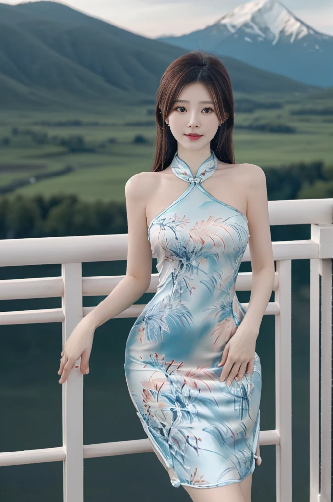 best quality,Human Development Report,Ultra HD,8K,Bright colors,Solitary,photo_,(1 Girl:1.3),(permanent:1.3),(Looking at the audience:1.4),elegant,detailed gorgeous face,(Cowboy shooting:1.2),(Mountain Background:1.2),rc,cheongsam,