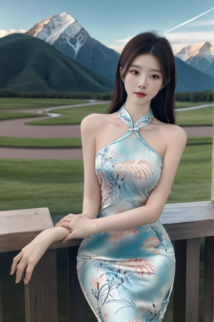 best quality,Human Development Report,Ultra HD,8K,Bright colors,Solitary,photo_,(1 Girl:1.3),(permanent:1.3),(Looking at the audience:1.4),elegant,detailed gorgeous face,(Cowboy shooting:1.2),(Mountain Background:1.2),rc,cheongsam,