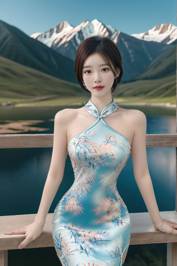 best quality,Human Development Report,Ultra HD,8K,Bright colors,Solitary,photo_,(1 Girl:1.3),(permanent:1.3),(Looking at the audience:1.4),elegant,detailed gorgeous face,(Cowboy shooting:1.2),(Mountain Background:1.2),rc,cheongsam,