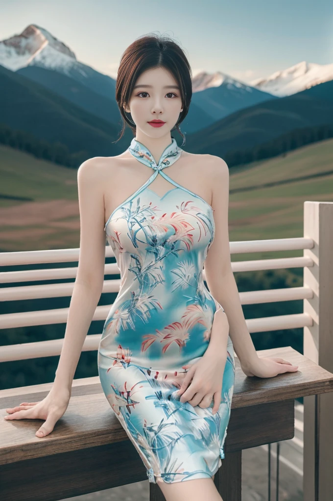 best quality,Human Development Report,Ultra HD,8K,Bright colors,Solitary,photo_,(1 Girl:1.3),(permanent:1.3),(Looking at the audience:1.4),elegant,detailed gorgeous face,(Cowboy shooting:1.2),(Mountain Background:1.2),rc,cheongsam,