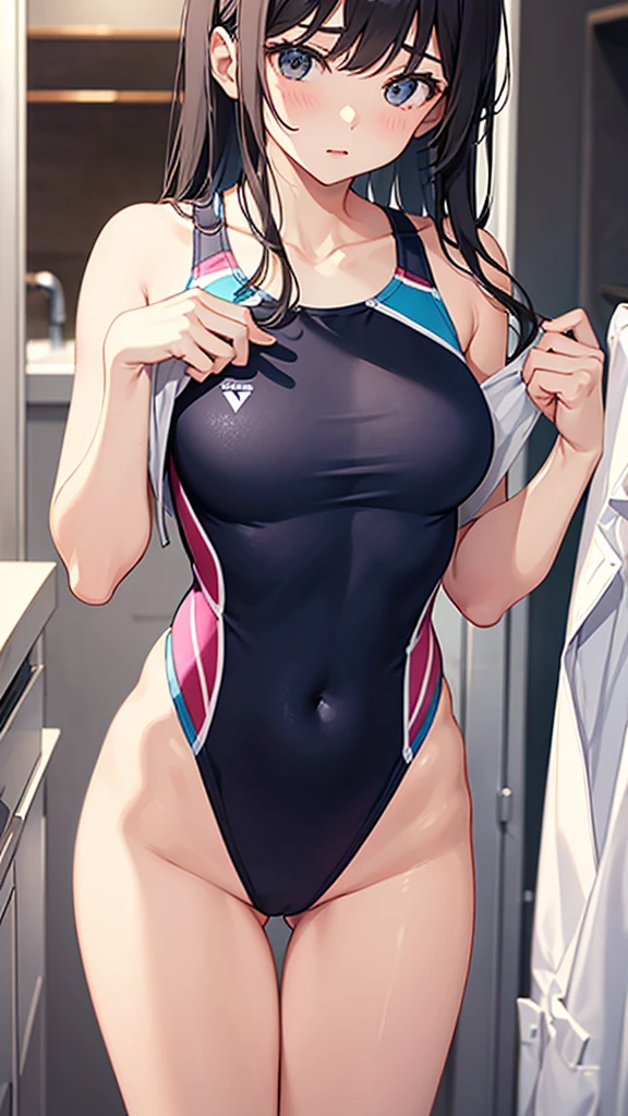 In the changing room、A girl changing into a competitive swimsuit On the way to change clothes Upper body naked