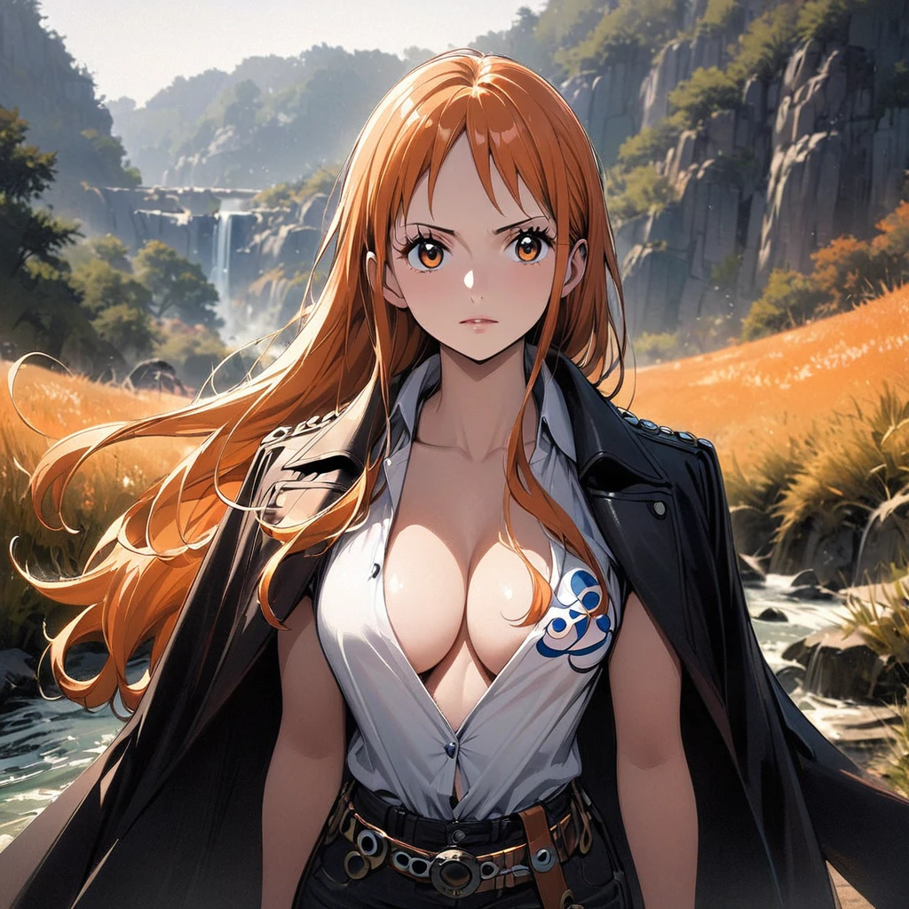 masterpiece, best quality), intricate details, 1 girl, woman, orange hair, nami \ (one piece\), (long hair), shirt, white shirt, female focus, clothes, collared shirt, pants, cape, black coat, shirt, sandals, pectorals, partially unbuttoned, cleavage, black coat on shoulders, nature, scenery, upper body, ((front view)) ((close up shot)) ((solo)) (Long straight hair, often with loose tendrils)) ((nami from one piece)) ((orange eyes))