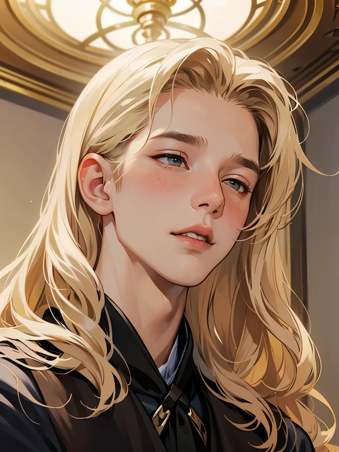 ((1man about 18 years old)), blond, medium-long, middle-part wavy hair, nose blush, medieval European formal attire, from below, half-opened eyes, parted lips, yawning, [suffering stuffy nose], slightly long face, thin beard, edgOrgasm, face focus