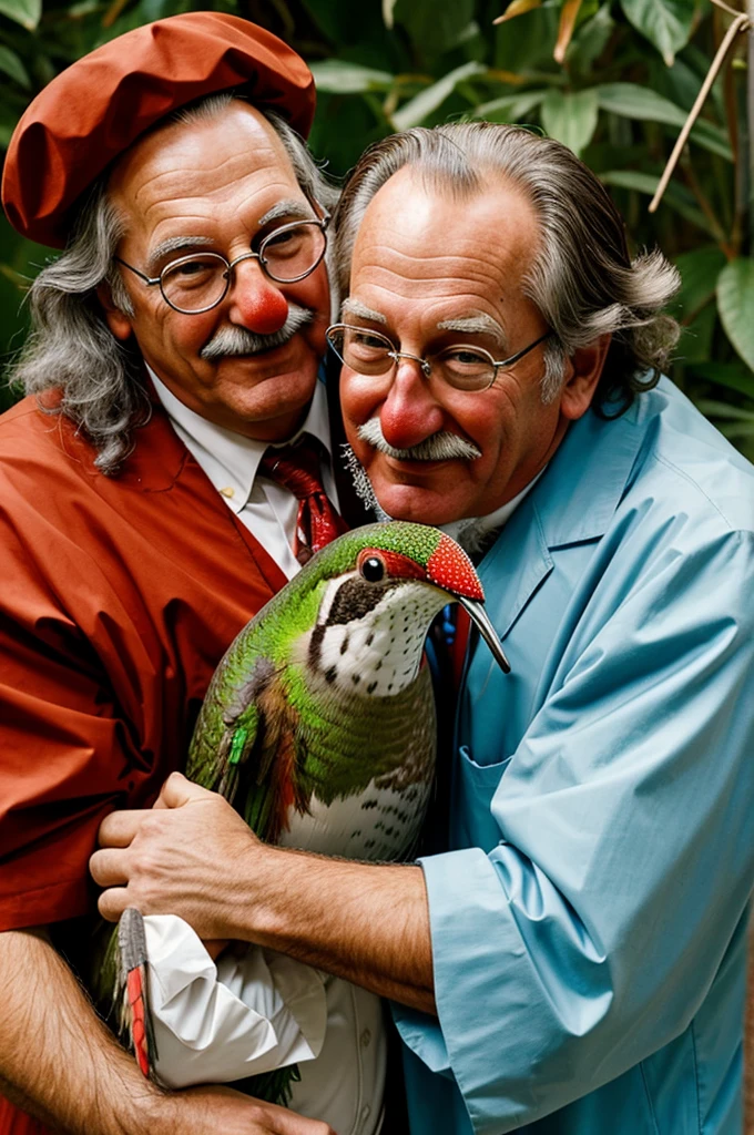 DR. Clown-nosed Patch Adams hugging a giant hummingbird