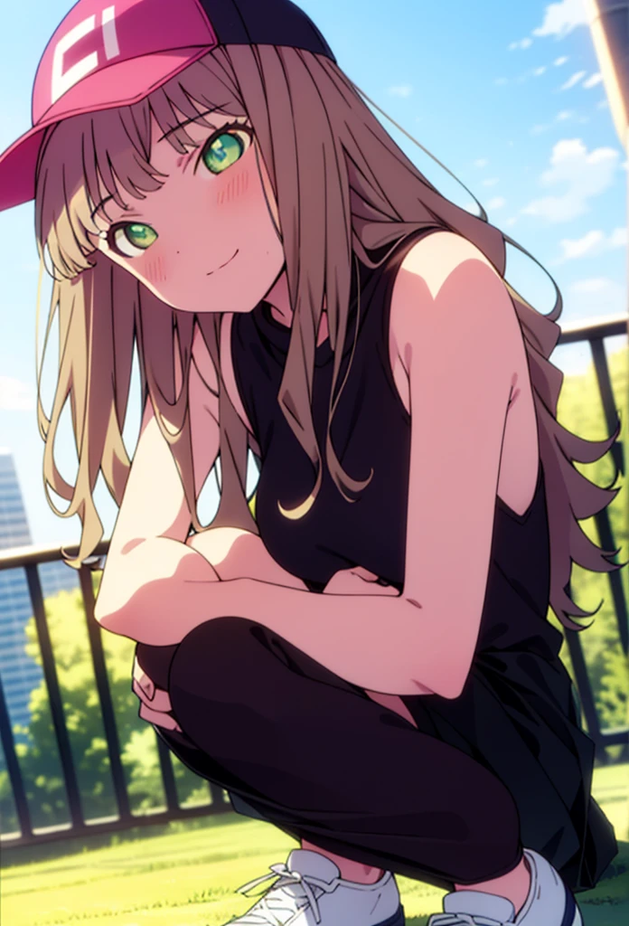 minami yume ,sss Dynazenon ,Long Hair, Brown Hair, (Green Eyes:1.5) ,blush,smile,hair band,Sleeveless shirt,Baseball cap,Long skirt,shoes,Daytime,Clear skies,Walking,whole bodyがイラストに入るように, break looking at viewer, whole body, break outdoors ,Building district, break (masterpiece:1.2), Highest quality, High resolution, unity 8k wallpaper, (shape:0.8), (Beautiful and beautiful eyes:1.6), Highly detailed face, Perfect lighting, Extremely detailed CG, (Perfect hands, Perfect Anatomy),