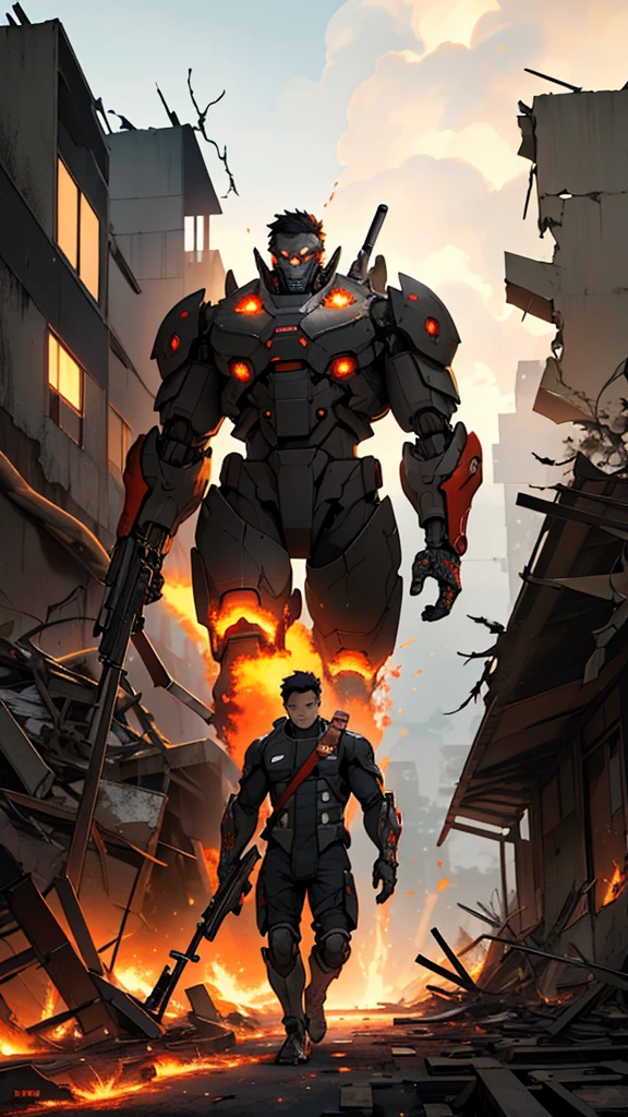 Dark_Fantasy,Cyberpunk,(chain saw,chain saw man,Red:1.1),1man,Mechanical marvel,Robotic presence,Cybernetic guardian,
