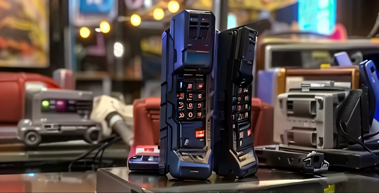 there is a cell phone sitting on a table with other items, cell phones, Long-lost technology, 80s Total Technology, 画面上很多台cell phone, Warm colors,nostalgic heart-warming, nostalgic 8k, 80s nostalgia, cell phone, Expired technology, 1 9 8 0 Technology, retro device, retro tech, Retro Electronics, 90s Nostalgia