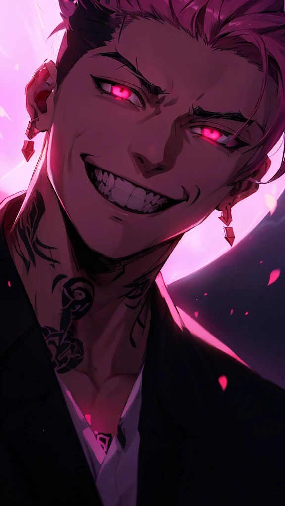 anime guy with pink eyes and tattoos smiling at the camera, handsome guy in demon slayer art, evil smile and glowing eyes, uncanny smile, smiling maniacally, [[[[grinning evily]]]], evil grin, insane smile, sly smile, portrait gapmoe yandere grimdark, with glowing eyes, wide grin, he is smiling