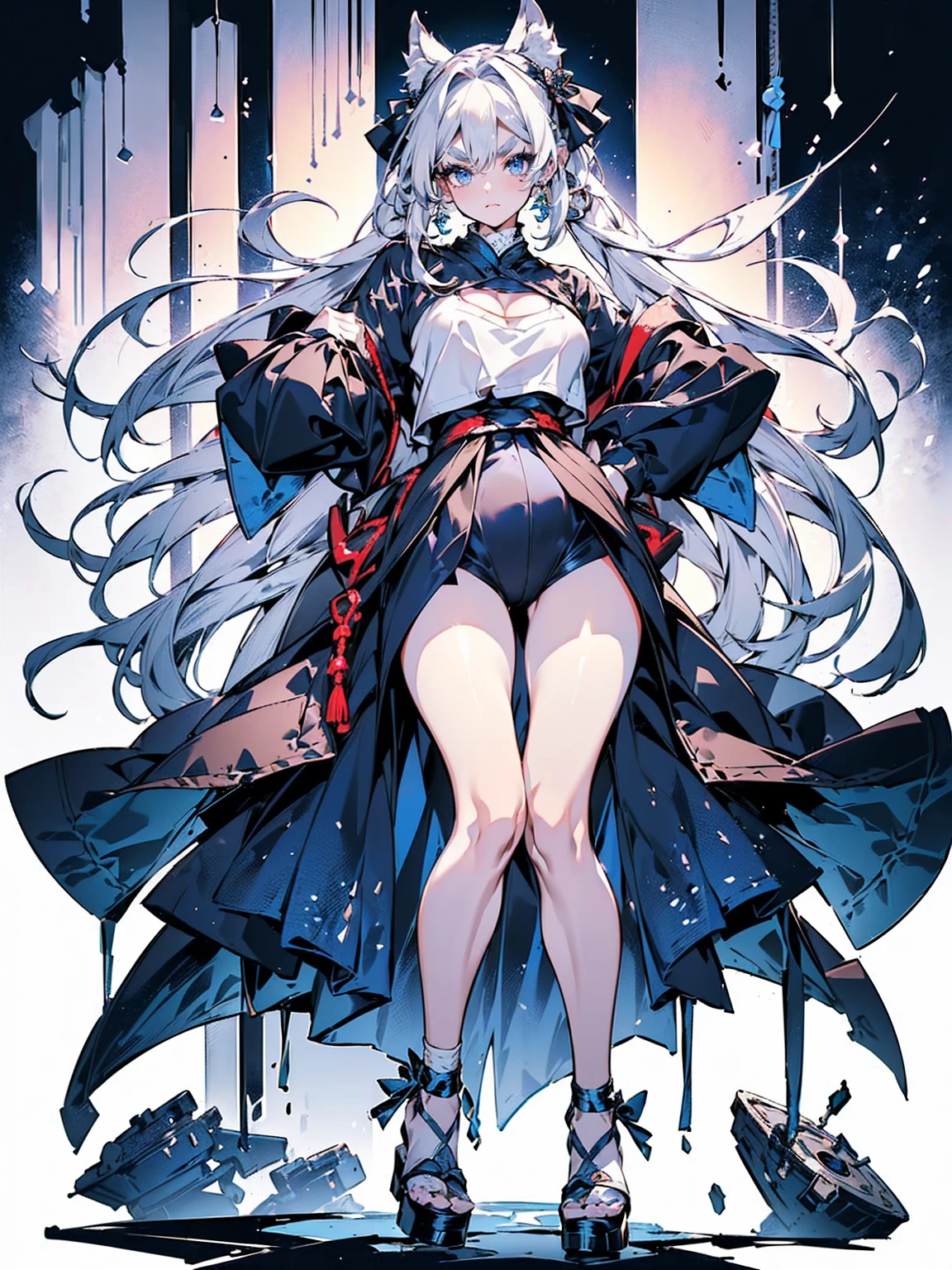 solo 1 (thin little girl:1.4) standing in white magic circles, (standing with the heels together:1.4), loli, (bending back:1.4), (disproportionately gigantic perky breasts:1.4), (show off full cleavage:1.3), (frilled white shirts with open chest wide), shirts with cleavage cutout, BREAK, large eyepressionless:1.2), BREAK, (thin long legs:1.5), (straight legs:1.5), too thin waist, (arms behind back:1.2), BREAK, (absurdly long white straight hair:1.4), blunt bangs, BREAK, (long black thighhighs:1.5), BREAK, (short black capelet:1.2), (very short black high-waist skirt:1.3) cinches waist too tight, (blowing wind upward:1.3), (thigh gap:1.2), (squirting out excessive  juice:1.3), BREAK, looking at viewer, open mouth, full body, floating magic circles, light circles, landscape, broad field