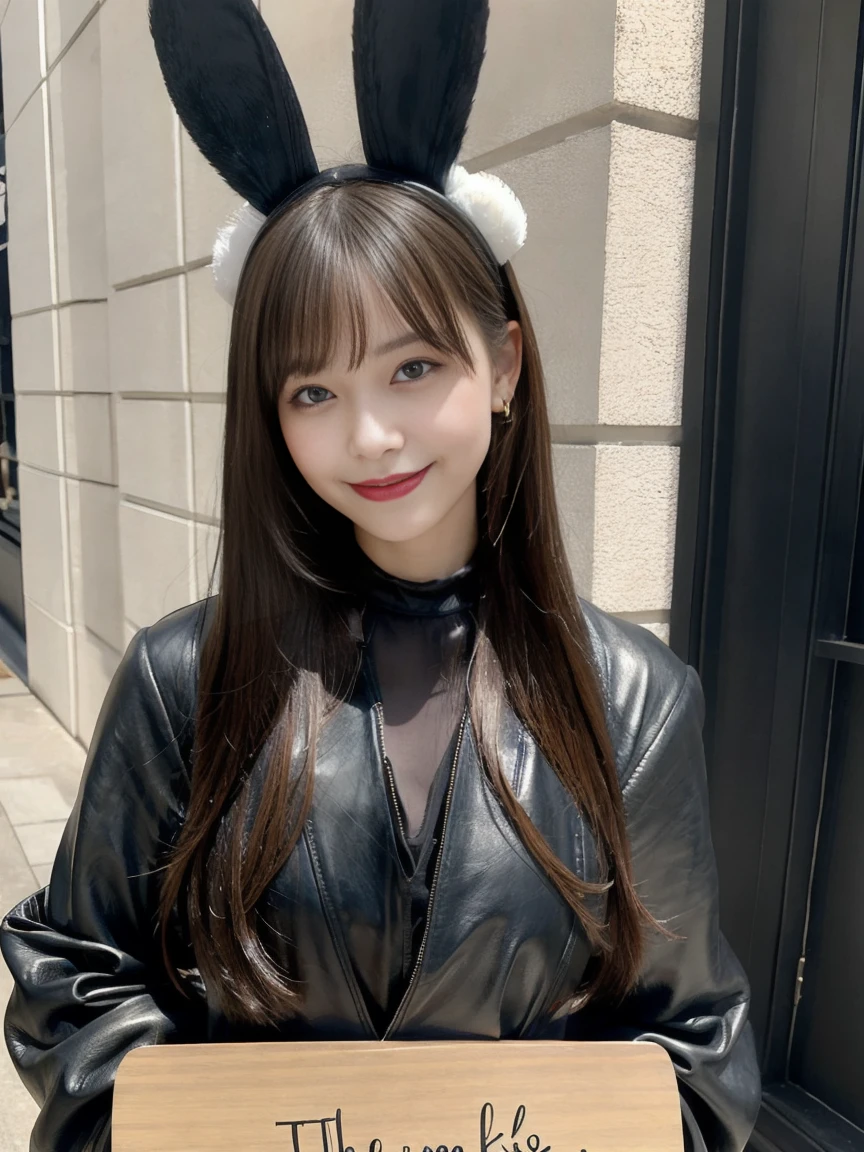 Create a portrait of a beautiful woman, (She is holding a board with "Thank you" written on it), wearing black bunny ears and a black leather outfit. Smiling slightly