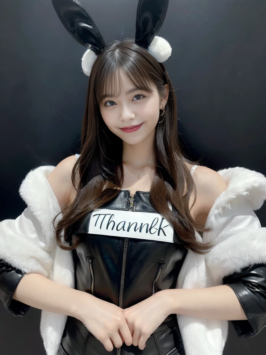 Create a portrait of a beautiful woman, (She is holding a board with "Thank you" written on it), wearing black bunny ears and a black leather outfit. Smiling slightly