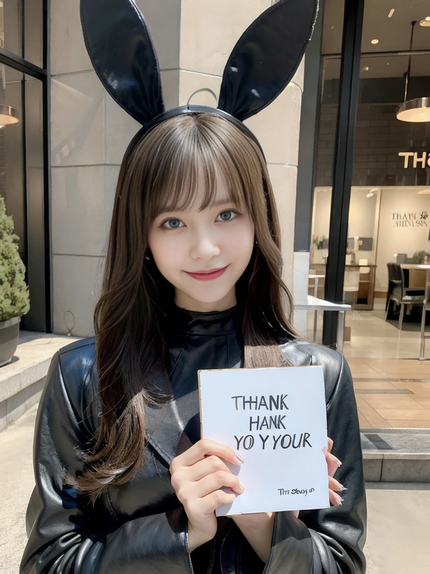 Create a portrait of a beautiful woman, (She is holding a board with "Thank you" written on it), wearing black bunny ears and a black leather outfit. Smiling slightly