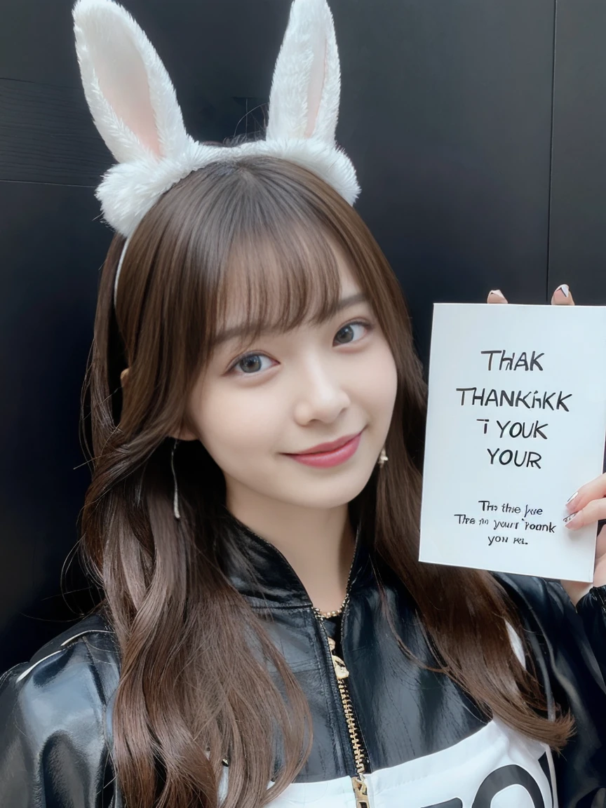 Create a portrait of a beautiful woman, (She is holding a board with "Thank you" written on it), wearing black bunny ears and a black leather outfit. Smiling slightly