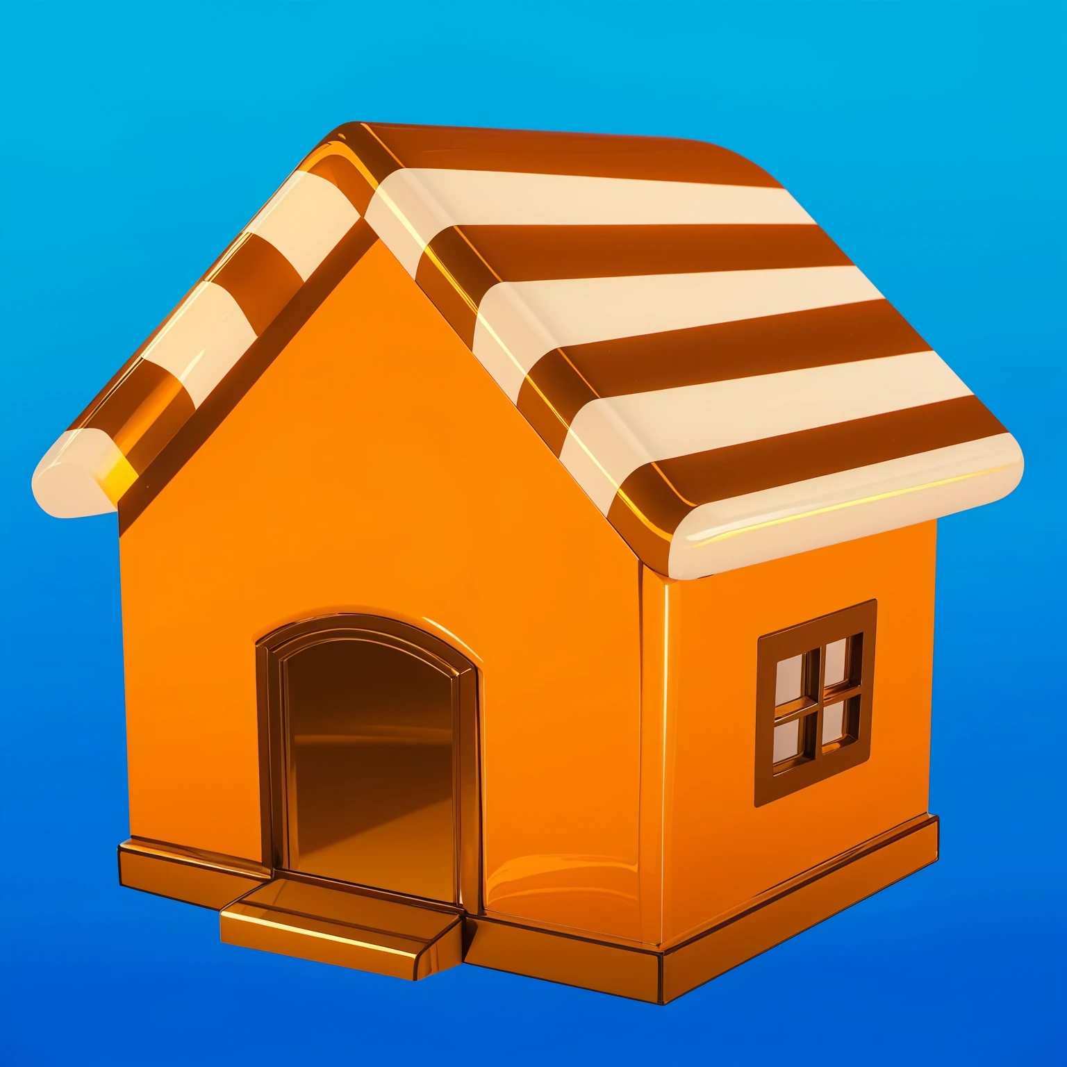 This image features a glossy yellow house with sharp, reflective surfaces that give it a polished and shiny appearance. The house has a modern design with simple, square shapes and distinct angles, adding to its sleek look. The vibrant blue roof contrasts beautifully with the yellow walls, creating an attractive and colorful combination. The windows and door are framed, enhancing the overall aesthetic of the house. The glossy surfaces reflect light, giving the house a dynamic and vibrant look. The house appears minimalist and toy-like, with its straightforward, square design and bright colors making it unique and appealing. мультяшный рендеринг ключевого кадра, милый 3D рендеринг,,Create ultra sharp цветной рендеринг zbrush. perfect cgi, cgi art created only with gradients, smooth silhouette, Create ultra sharp skin, high intensity refraction, (plastic material), most beautiful vfx, blue background, plastic refractions, glossy texture, smooth 3d model, multiple light sources, rim light, sharp post effects render, (glossy plastic texture with multiple big light probe refractions), perfect cgi, cgi art created only with gradients, smooth silhouette, high intensity refraction, (plastic material), most beautiful vfx, blue background