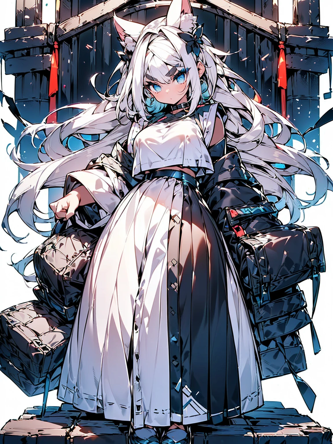 , (White Hair Girl), (Thick, dark blue eyebrows:1.4), (Dark blue eyebrows:1.7), (Thick eyebrows:1.3), (Huge black fluffy animal ears:1.1), (Black animal ears:1.1), BREAK, (((Mesh Stitching Crop T-Shirt, Cutout Long Sleeve Top))),BREAK, (Big Breasts:1.2, Thick legs, Superb thighs:1.3, Adult female body, Sturdy body:1.5, Japanese style costume:1.5, Beautifully colored kimono:1.5,), ((Action pose:1.4 )), (sharp eyes, Ultra-high definition CG, Precisely designed costumes, 4K, 8K, Ultra-high definition CG, Precisely designed costumes, Clear lines, Expressive and Captivating Eyes, Fine Details and Realistic Textures, cinematic lighting), ((white background)), BREAK, (過剰なRuggedThick soleブーツを履いています:1.2), (Thick sole:1.5), (Big shoes:1.3),