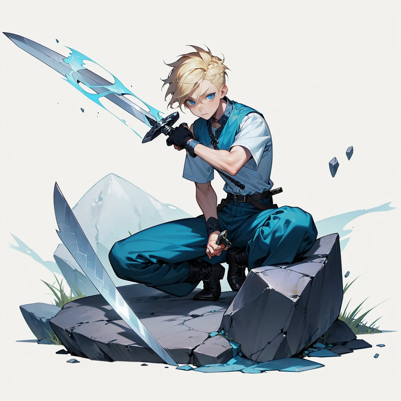 1character, Full body version, Viking boys, boys, albino skins, blue eyes, faux hawk hair, blonde colour hair, blue short sleeve shirt, blue trousers, ((long sword in hand, the pose is cutting a large rock into two)), Grassroots 
