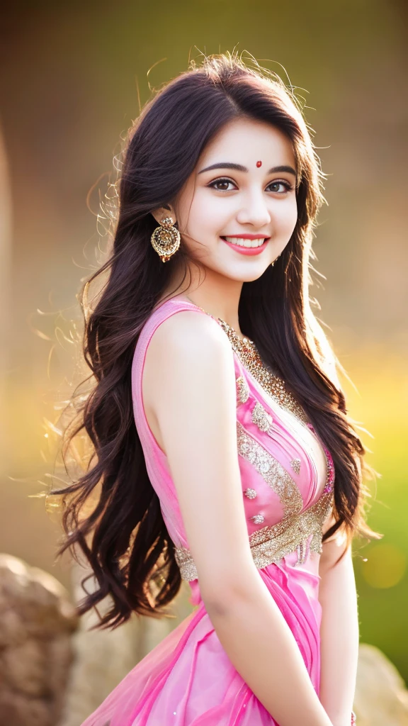 ultra high detailed, an indian girl, cute smile realistic face, happy, long hair, impressive hairstyle, detailed eyes, detailed lips, indian clothes,pre draped pink top dress lace, wearing jewellery, nature and background, photo studio bokeh, clear weather, whole body capture,noch slim image long