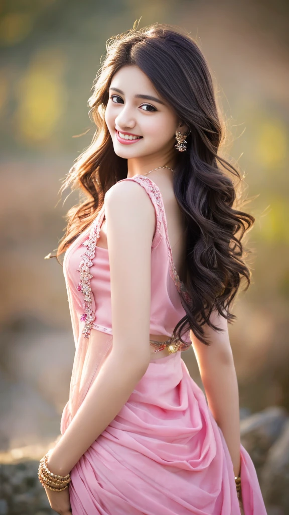 ultra high detailed, an indian girl, cute smile realistic face, happy, long hair, impressive hairstyle, detailed eyes, detailed lips, indian clothes,pre draped pink top dress lace, wearing jewellery, nature and background, photo studio bokeh, clear weather, whole body capture,noch slim image long