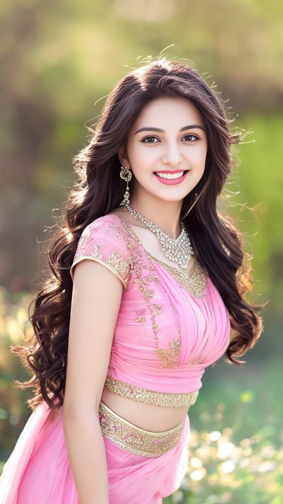 ultra high detailed, an indian girl, cute smile realistic face, happy, long hair, impressive hairstyle, detailed eyes, detailed lips, indian clothes,pre draped pink top dress lace, wearing jewellery, nature and background, photo studio bokeh, clear weather, whole body capture,noch slim image long