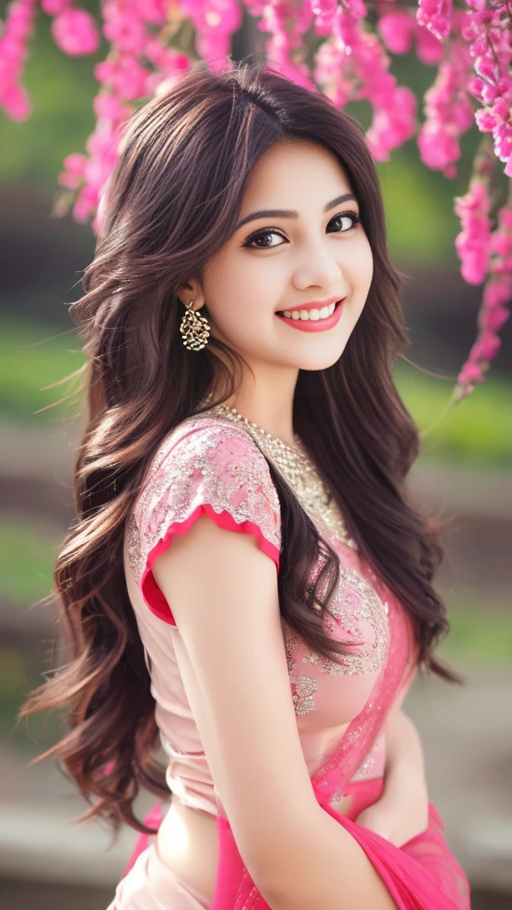 ultra high detailed, an indian girl, cute smile realistic face, happy, long hair, impressive hairstyle, detailed eyes, detailed lips, indian clothes,pre draped red top dress lace, wearing jewellery, nature and background, photo studio bokeh, clear weather, whole body capture,noch slim image long