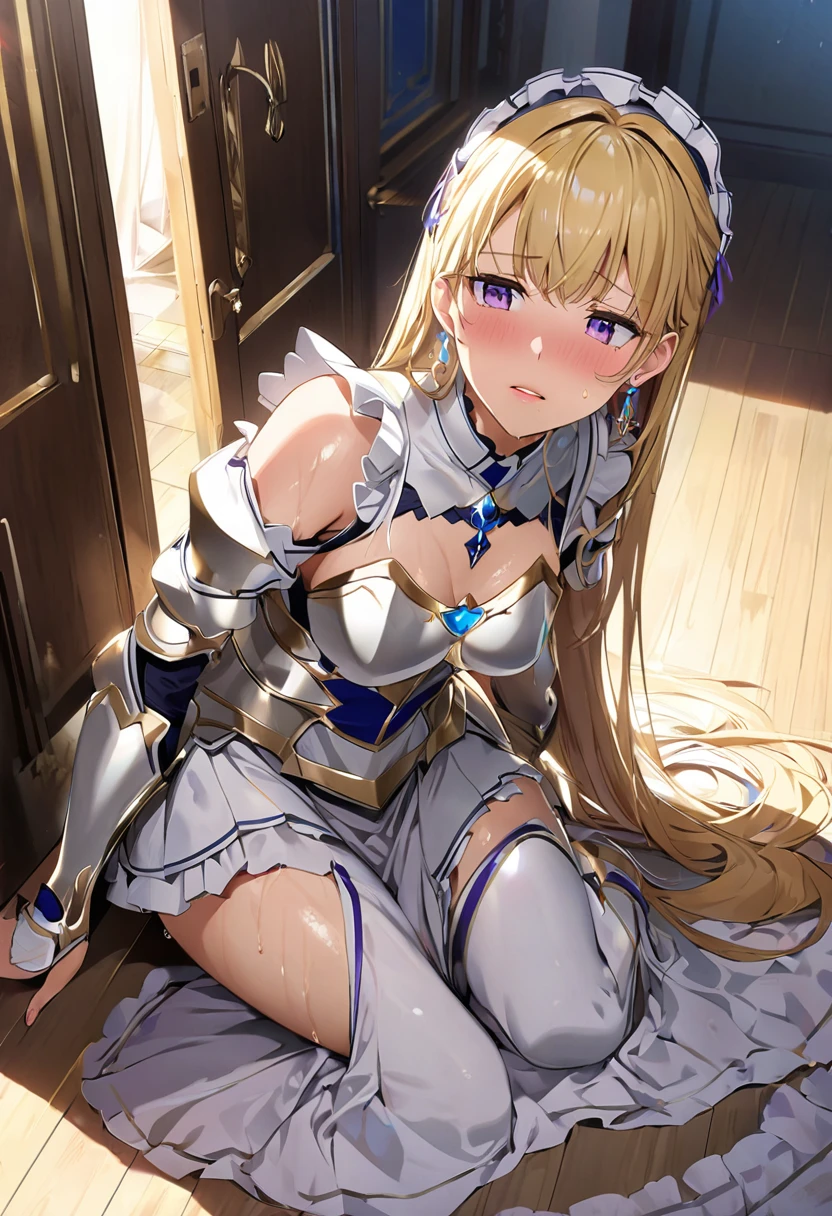 masterpiece、Highest quality、Ultra-high resolution、Maximum resolution、Very detailed、Professional Lighting、anime、Adult female、thin、so beautiful、Beautiful Face、Maid uniform long skirt、((Blue and white armor))、Shiny Armor、Holding a bow、Gold earrings、blonde、Purple eyes、Pink Lips、In front of the entrance、Full Body、 Bent body、Lie in, Look to the side, Worried face, Female genitals in full view, Drunk look, Hot body、Sweaty、