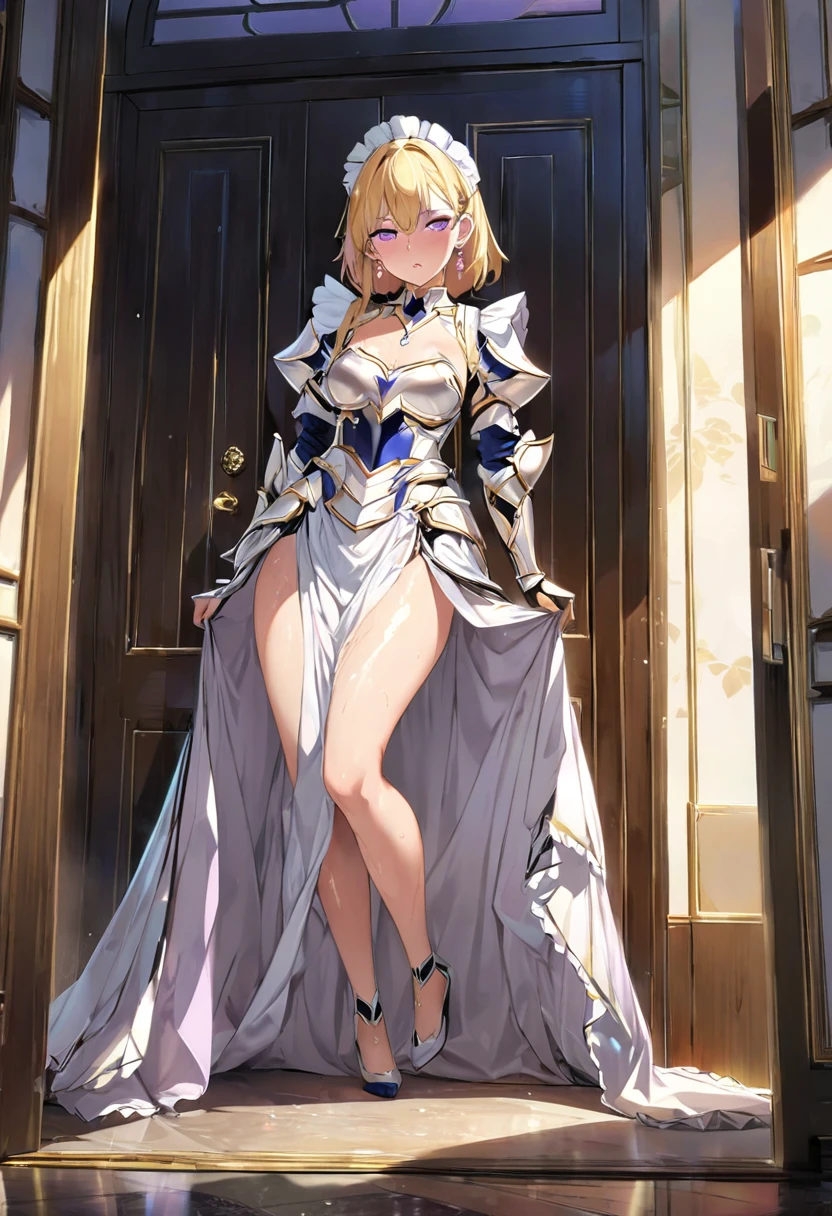 masterpiece、Highest quality、Ultra-high resolution、Maximum resolution、Very detailed、Professional Lighting、anime、Adult female、thin、so beautiful、Beautiful Face、Maid uniform long skirt、((Blue and white armor))、Shiny Armor、Holding a bow、Gold earrings、blonde、Purple eyes、Pink Lips、In front of the entrance、Full Body、 Bent body、Lie in, Look to the side, Worried face, Female genitals in full view, Drunk look, Hot body、Sweaty、