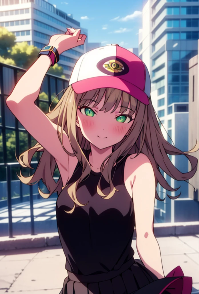 minami yume ,sss Dynazenon ,Long Hair, Brown Hair, (Green Eyes:1.5) ,blush,smile,hair band,Sleeveless shirt,Baseball cap,Long skirt,shoes,Daytime,Clear skies,Walking,whole bodyがイラストに入るように,　　　　　　break　looking at viewer, whole body, 　　　　　　　break outdoors ,Building district,　　　　　　　　　　　　break (masterpiece:1.2), Highest quality, High resolution, unity 8k wallpaper, (shape:0.8), (Beautiful and beautiful eyes:1.6), Highly detailed face, Perfect lighting, Extremely detailed CG, (Perfect hands, Perfect Anatomy),