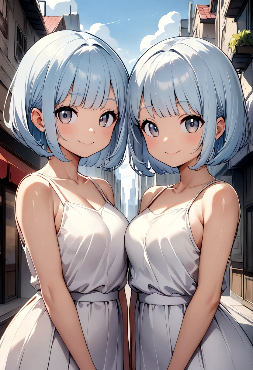 Highest quality、High resolution、masterpiece、Cute anime-style illustrations、One Woman、Light blue hair、Short Bob、Grey Eyes、White Cami Dress、Stylish older sister、smile、city


