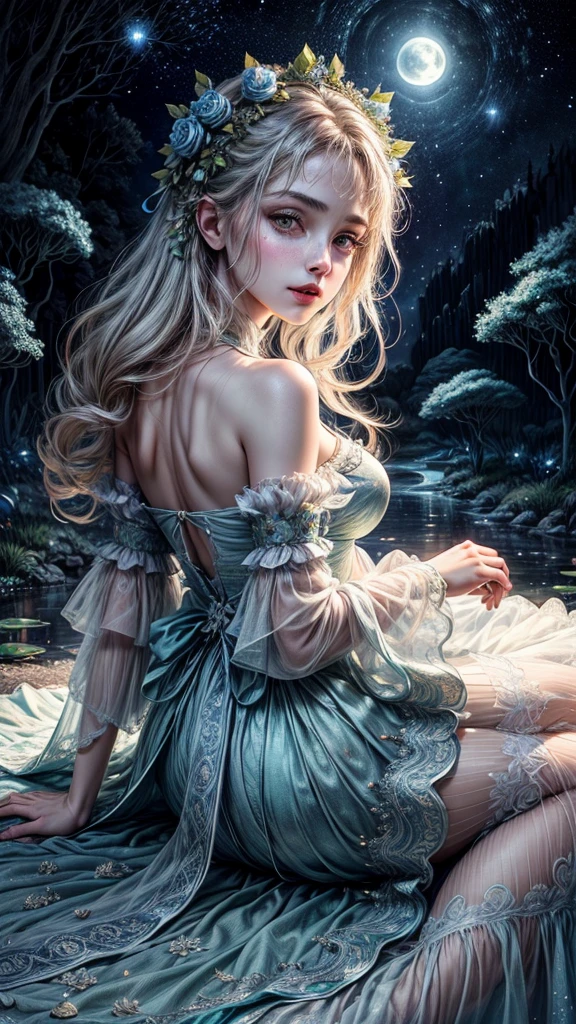 cara detallada, well-defined beautiful girl close-up, full body, slight smile, filigree, ultra highly detailed, mannerism, surrealism digital painting, by Marc Todd, Nicoletta Ceccoli, Ray Caesar, WLOP, close up half water transparent luminous nymph half blue rose, swirling blue rose vines, trees big blue closed rose flowers, moon, moonlight, detailed night sky with stars and clouds, lavish green leaves, garden, blossoming, stars, sparks, Van Gogh starry sky, celestial glowing, glowing aura, mystical, water drops, highly detailed, intricated, intricated pose, complex background, oil painting, thick strokes, mannerism, vibrant colors, masterpiece, high quality, 32k, best quality, vestido transparente sexi, senos pequeños, panti transparente, ojos dorados, pose sensual, pesones rosados, mostrando vagina, dama semi desnuda, full
body