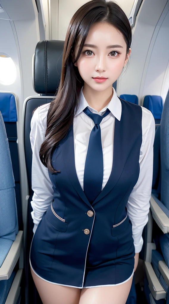 top quality, masterpiece, 8K, Super high resolution, (realistic:1.4), 1 girl、beautiful face、symmetrical eyes、giant 、perfect body proportions、stewardess uniform、clean legs、look at the viewers、(inside the airplane:1.2)、Looking straight ahead、shoulder、absolute area(1.3)、