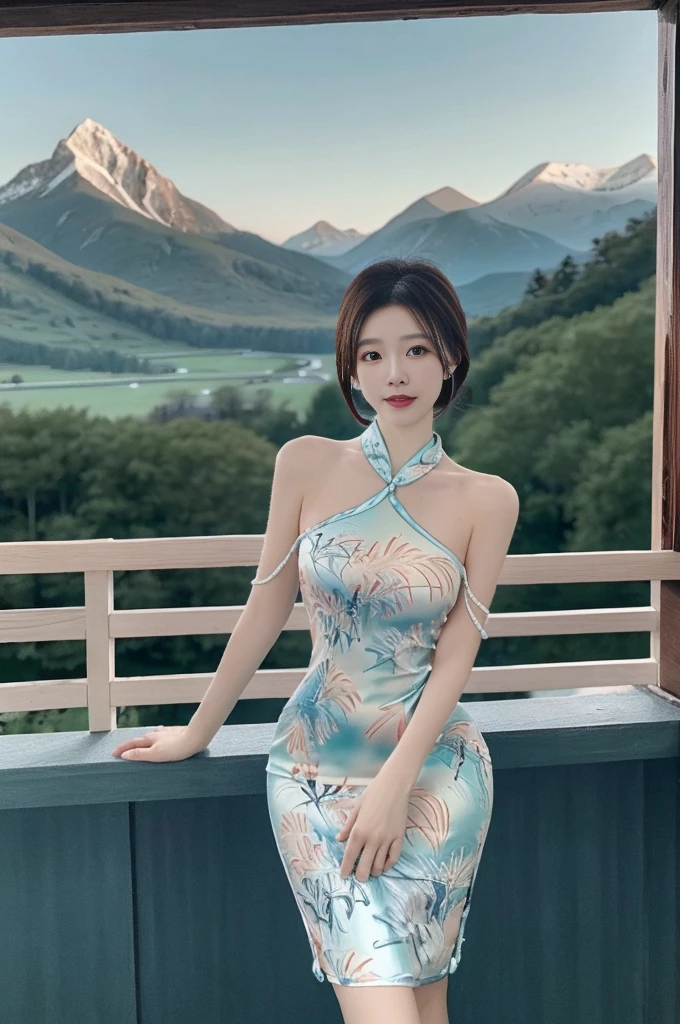 best quality,Human Development Report,Ultra HD,8K,Bright colors,Solitary,photo_,(1 Girl:1.3),(permanent:1.3),(Looking at the audience:1.4),elegant,detailed gorgeous face,(Cowboy shooting:1.2),(Mountain Background:1.2),rc,cheongsam,