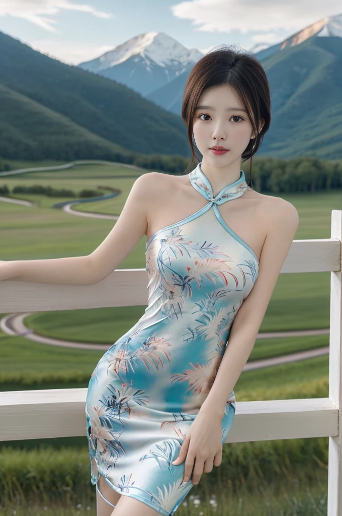 best quality,Human Development Report,Ultra HD,8K,Bright colors,Solitary,photo_,(1 Girl:1.3),(permanent:1.3),(Looking at the audience:1.4),elegant,detailed gorgeous face,(Cowboy shooting:1.2),(Mountain Background:1.2),rc,cheongsam,