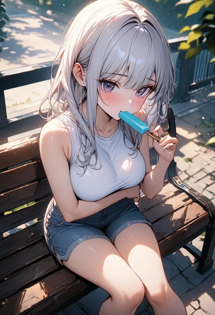 Anime girl sitting on a bench eating a blue toothbrush, artwork in the style of Gwaiz, Gwaiz, Enchanting anime girl, 4k anime wallpaper, Anime girl drinking energy drink, Cute Anime Girl, Realistic Anime 3D Style, Realistic anime art style, Attractive anime girl, anime wallpaper 4k, anime wallpaper 4k, Anime Style 4k