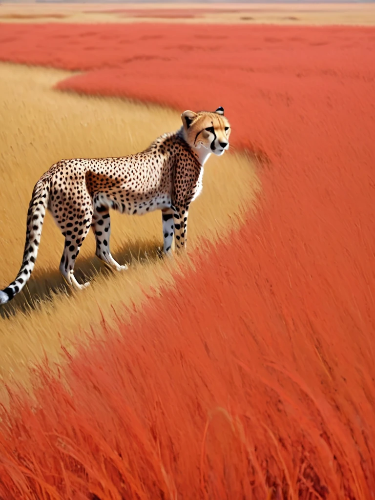 On the vast red grassland,1 cheetah,Top view