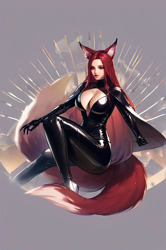 ((Лучшее качество)), ((шедевр)), (подробный), kitsune, very large breasts, latex black jumpsuit, sexy appearance, red hair, long fox ears, big lips, full-length, one-piece full-body suit