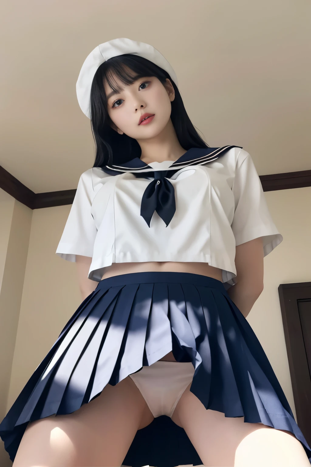 Masterpiece、Highest quality、Woman 1、Super detailed、nsfw、View from directly below the woman、Long legs Black Hair skirt、skirt lift、skirtを自分でリフト、White panties、Pussy Soft thighs、Large Breasts、Beautiful Belly、under boob sailor uniform、Underboob ceiling