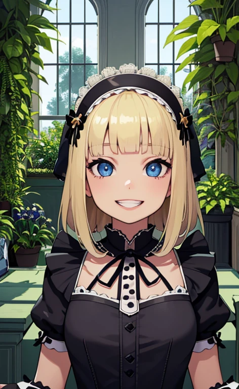 (masterpiece:1.5、Photorealistic:1.4,High Saturation:1.4、high resolution:1.4)、,(spot light:1.2、Exquisite beautiful eye:1.5,)、()、
(kind eyes、tareme:1.4),()、(Cute Face)、(blonde hair:1.5)、(middle hair:1.5),(sidelock :1.6),(blunt bangs:1.3),(1 girl)、(blue eyes:1.2)、(upper body:1.5)、(smile:1.5),(teeth)、()、() ,(),(small breasts),(),(gothic lolita　maid:1.5),(A room full of plants:1.5)、()、()、Slim Body(),Shiny Hair、girl、