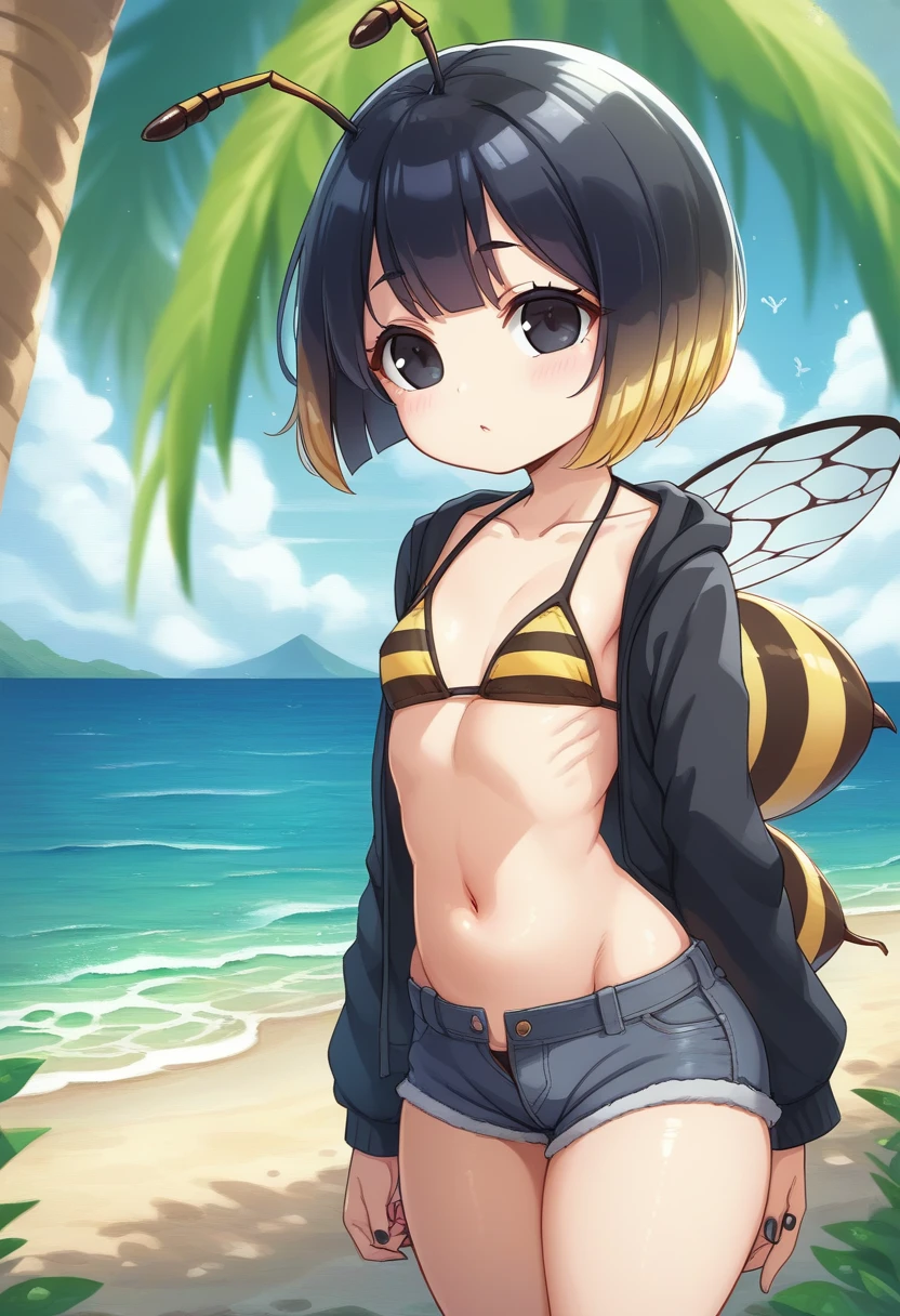 score_9, score_7_up, score_6_up, 1girl, source_cartoon, source_anime,breathtalking Scenery,watercolor,smooth soft skin, natural skin,anime screencap,brs
BREAK
1girl,(hornet girl:1.2), bee girl,(little female child:1.3), (loli:1.3),6 yo, kawaii,baby face,small breast, cute face,oily skin,fat ass
BREAK
(black lob hair:1.4),(black bob cut:1.3),(yellow gradient hair:1.2),(yellow dip-dye hair:1.1),ahoge,highlight on eyes,(nail_polish:1.1), black eyes,beautiful eyes, detailed eyes, puffy eyes,
BREAK
(bee antennae:1.3), (PVC material Extremely small bee wings:1.1), (bee wings:1.1),symmetry bee wings,
BREAK
(short pants:1.1) bikini,black jacket,pierce,Ttraditional media, sea,wave,island,tropical,dynamicangle,dynamicpose,breathtalking background, outdoors,pastelcolor,