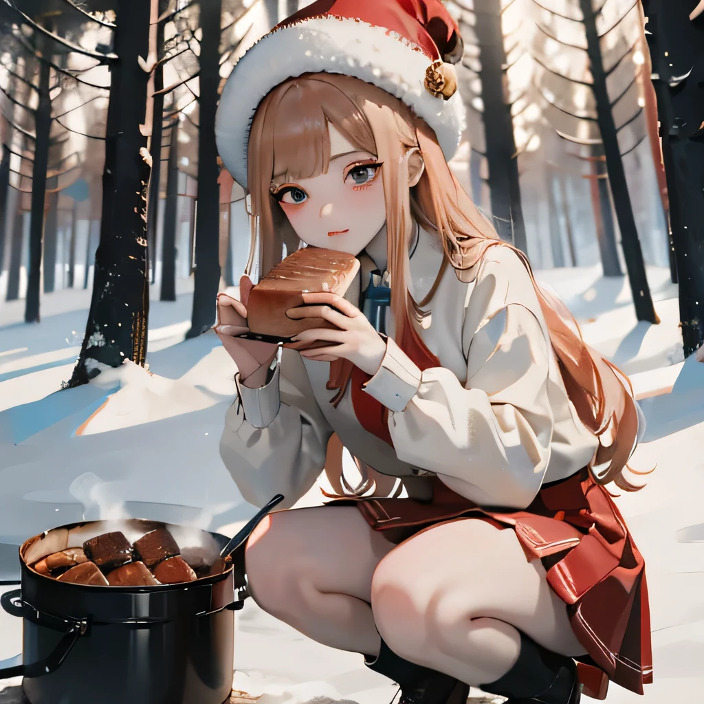 masterpiece, Highest quality, 8k wallpaper, Very detailed, A girl , Golden Hair, Long Hair, fine grain、(Red Skirt)、 White dress shirt,(A single large red flower hair ornament)，Light blue eyes、Dark Taste、wearing a warm fur hat、(In the winter forest)、Grilling a large piece of meat、Eating meat、Crouching on the ground、((Shooting from the front))、Expressionless、(You can see the striped panties)